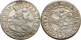 Austria
WORLD COINS

Austria, Ferdynand Karol (1632-1662). 3 krajcary 1660, Hall 

Delikatny połysk w tle.

Details: 1,41 g Ag 
Condition: 2-/...