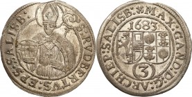 Austria
WORLD COINS

Austria, Salzburg. Maksymilian Gandolf graf Kuenburg (1668-1687), 3 krajcary 1683, Salzburg 

Końcówka blachy. Sporo połysku...