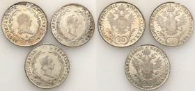 Austria
WORLD COINS

Austria, Franciszek II. 20 kreuzer/ krajcar 1815, 1827, 1828 A, Vienna, set 3 coins 

Bardzo ładne egzemplarze. W dużej mier...