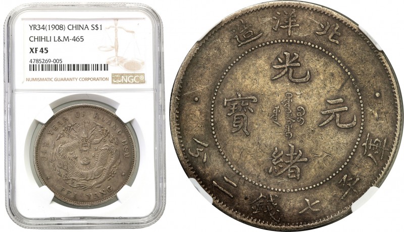 China
WORLD COINS

China. Chihli. $ 1 Yr. 34 (1908) NGC XF45 - UNNOTED 

Mo...