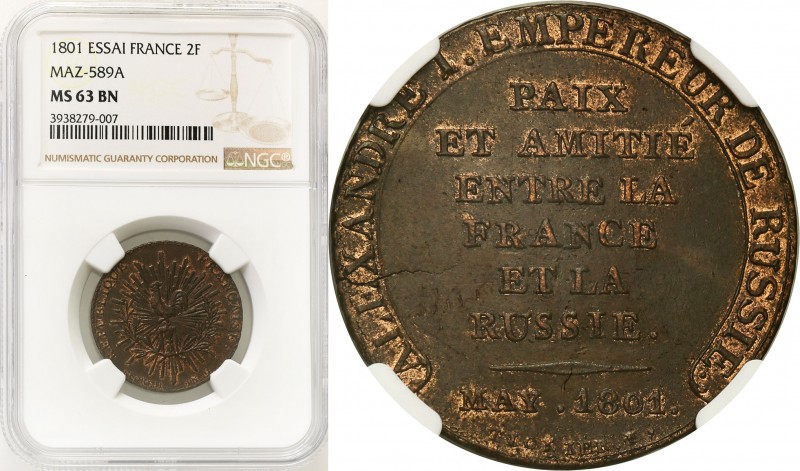 France
WORLD COINS

France, Russia. PR? BA ESSAI 2 Francs 1801 NGC MS63 BN-RA...