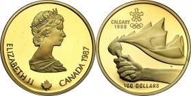 Canada
WORLD COINS

Canada, Elizabeth II. $ 100 1987, Calgary Olympics 

Pojedyncze mikroryski.Friedberg 18

Details: 13.34 g Au 585 
Conditio...