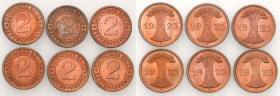 Germany
WORLD COINS

Germany, Weimar Republic. 2 Fenigi 1923, set 6 pieces 

Mennicze egzemplarze z rulonu bankowego.KM# 31&nbsp;

Details: Brą...