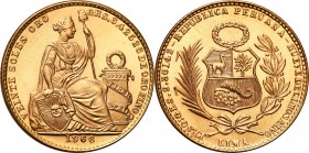Peru
WORLD COINS

Peru. 20 Sol 1966, Lima 

Menniczy egzemplarz. Nakład 4,001 sztuk.Friedberg: 80; KM 229

Details: 9,38 g Au 
Condition: 1 (U...