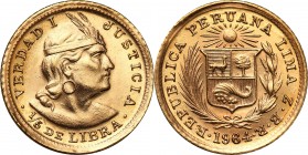 Peru
WORLD COINS

Peru. 1/5 libry 1964, Lima 

Menniczy egzemplarz.Friedberg 75

Details: 1,61 g Au 900 
Condition: 1 (UNC)