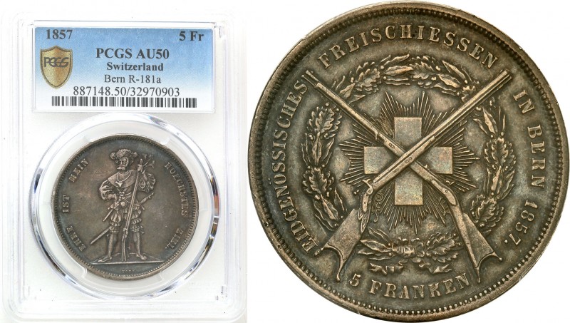 Switzerland
WORLD COINS

Switzerland. 5 francs 1857, Bern PCGS AU50 - mintage...
