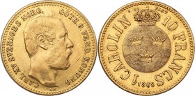 Sweden
WORLD COINS

Sweden, Charles XV (1859-1872). Carolin (10 Francs) 1868, Stockholm 

Moneta złota o nieco niższej wadze niż dukat, odpowiada...