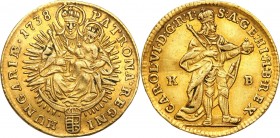 Hungary
WORLD COINS

Hungary. Charles III (IV) (1711-1740). Ducat 1738 KB, Kremnica 

Aw.: Stojący król trzymający berło i jabłko królewskie,lege...