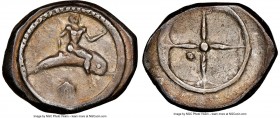 CALABRIA. Tarentum. Ca. 480-450 BC. AR didrachm (21mm, 7.72 gm). NGC XF 4/5 - 3/5. TAPAS (retrograde), Taras astride dolphin right, left hand outstret...