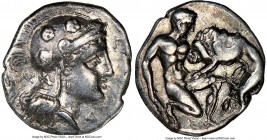 CALABRIA. Tarentum. Ca. 380-280 BC. AR diobol (11mm, 5h). NGC Choice VF S. Ca. 325-280 BC. Head of Athena right, wearing crested Attic helmet decorate...