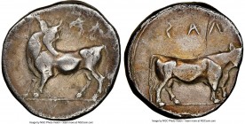 LUCANIA. Laus. Ca. 480-460 BC. AR stater (17mm, 7.69 gm, 9h). NGC Choice Fine 4/5 - 3/5. ΛAS (retrograde), man-faced bull standing left, head reverted...