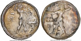 BRUTTIUM. Caulonia. Early 5th century BC. AR stater or nomos (27mm, 7.65 gm, 12h). NGC XF 4/5 - 3/5, brushed. KAVΛO (retrograde), full-length figure o...
