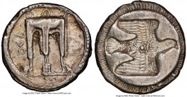 BRUTTIUM. Croton. Ca. 500-480 BC. AR stater (22mm, 7.75 gm, 9h). NGC Choice VF 5/5 - 3/5, brushed. ϘPO, ornamented sacrificial tripod, legs terminatin...