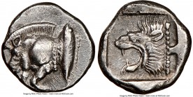MYSIA. Cyzicus. Ca. 5th century BC. AR diobol(?) (11mm, 1h). NGC Choice XF. Forepart of boar left, tunny upward behind / Head of roaring lion left wit...