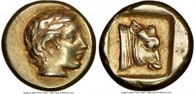 LESBOS. Mytilene. Ca. 454-427 BC. EL sixth stater or hecte (11mmm, 2.54 gm, 6h). NGC XF 5/5 - 4/5. Laureate head of Apollo right / Calf's head right w...