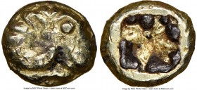 IONIA. Phocaea. Ca. 521-478 BC. EL/AE hecte (11mm). NGC Choice VF, core visible. Ancient forgery of Phocaea hecte. Ram's head left, seal swimming left...