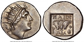 CARIAN ISLANDS. Rhodes. Ca. 88-84 BC. AR drachm (16mm, 11h). NGC Choice AU. Plinthophoric standard, Maes, magistrate. Radiate head of Helios right / M...