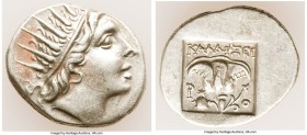 CARIAN ISLANDS. Rhodes. Ca. 88-84 BC. AR drachm (17mm, 2.79 gm, 12h). XF. Plinthophoric standard, Callixei(nos), magistrate. Radiate head of Helios ri...