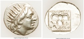 CARIAN ISLANDS. Rhodes. Ca. 88-84 BC. AR drachm (15mm, 2.24 gm, 12h). VF. Plinthophoric standard, Nicephorus, magistrate. Radiate head of Helios right...