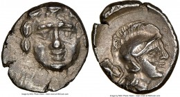 PISIDIA. Selge. Ca. 4th century BC. AR obol (11mm, 6h). NGC Choice XF. Ca. 300-190 BC. Head of gorgoneion facing / Head of Athena right, wearing crest...