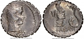 L. Roscius Fabatus (64/59 BC). AR serratus denarius (18mm, 5h). NGC XF. Rome. L ROSCI, head of Juno Sospita right, wearing goat-skin headdress; uncert...