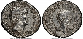 Marc Antony and Octavian, as Imperators and Triumvirs (43-33 BC). AR denarius (19mm, 12h). NGC VF, scratches, brushed. Ephesus, 41 BC, M. Barbatius Po...