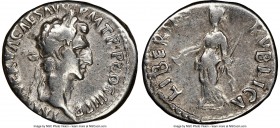 Nerva (AD 96-98). AR denarius (18mm, 6h). NGC Fine scratches. Rome, AD 97. IMP NERVA CAES AVG-P M TR P COS III P P, laureate head of Nerva right / LIB...