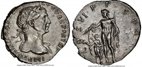 Trajan (AD 98-117). AR denarius (19mm, 7h). NGC AU, brushed. Rome, AD 114-117. IMP TRAIANO OPTIMO AVG GER DAC P M TR P, laureate, draped bust of Traja...