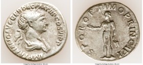 Trajan (AD 98-117). AR denarius (20mm, 3.21 gm, 6h). Choice Fine. Rome, AD 103-111. IMP TRAIANO AVG GER DAC P M TR P COS VI P P, laureate, draped bust...