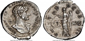 Hadrian (AD 117-138). AR denarius (19mm, 6h). NGC XF, flan flaw. Rome, AD 119-ca. mid-120. IMP CAESAR TRAIAN HADRIANVS AVG, laureate, heroically nude ...