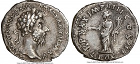 Marcus Aurelius (AD 161-180). AR denarius (19mm, 11h). NGC VF, scratches. Rome, summer-December AD 166. M ANTONINVS AVG-ARM PARTH MAX, laureate head o...