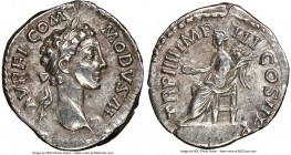 Commodus, as Caesar (AD 177-192). AR denarius (19mm, 11h). NGC XF. Rome, AD 179. L AVREL CO-MMODVS AVG, laureate head of Commodus right / TR P IIII IM...