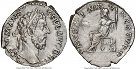 Commodus (AD 177-192). AR denarius (18mm, 3.23 gm, 6h). NGC AU 5/5 - 4/5, brushed. Rome, AD 185. COMM ANT-AVG P BRIT, laureate head of Commodus right ...