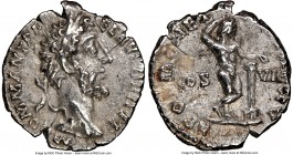 Commodus (AD 177-192). AR denarius (18mm, 11h). NGC XF. Rome, AD 190. M COMM ANT P FEL AVG BRIT P P, laureate head of Commodus right / APOL MONET P M ...