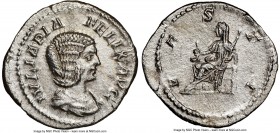 Julia Domna (AD 193-217). AR denarius (20mm, 2.56 gm, 7h). NGC MS 5/5 - 2/5. Rome, AD 211-217. IVLIA PIA-FELIX AVG, draped bust of Julia Domna right, ...