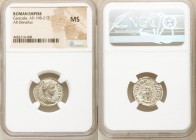 Caracalla (AD 198-217). AR denarius (18mm, 1h). NGC MS. Rome, AD 205. ANTONINVS PIVS AVG, laureate head of Caracalla right / PONTIF TR P VIII COS II, ...