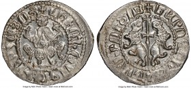 Cilician Armenia. Levon I Tram (1198-1219) MS65 NGC, 25mm. Levon seated facing on throne ornamented with lions, holding lis and cross / Two lions ramp...
