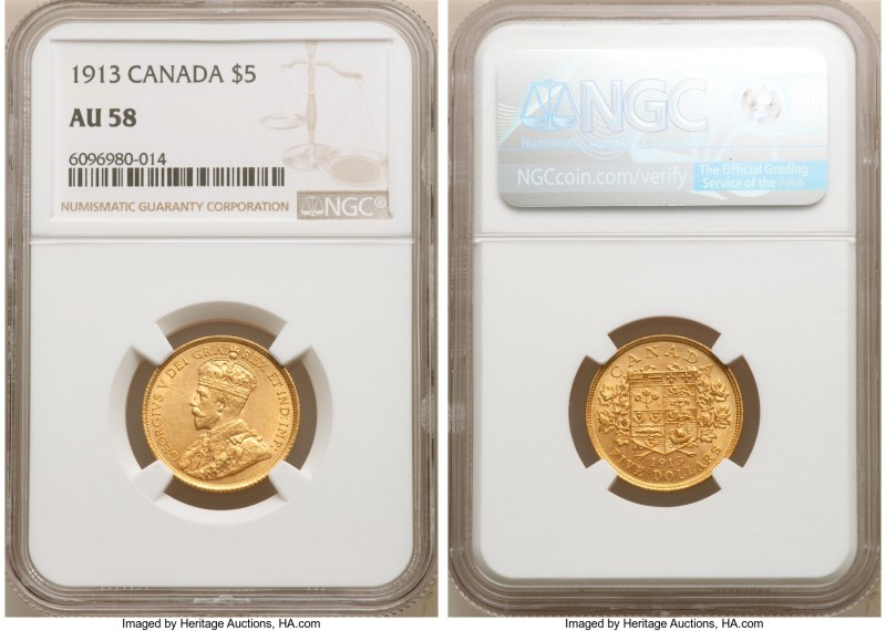 George V gold 5 Dollars 1913 AU58 NGC, Ottawa mint, KM26. AGW 0.2419 oz. 

HID...