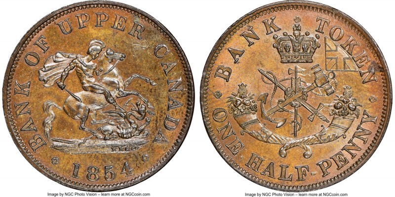 Province of Canada. Bank of Upper Canada "St. George" 1/2 Penny 1854 MS65 Brown ...