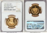 Republic gold Proof "King Ferdinand V" 50 Pesos 1990 PR70 Ultra Cameo NGC, Havana mint, KM299. Mintage: 250. Commemorates the 500th Anniversary - Disc...
