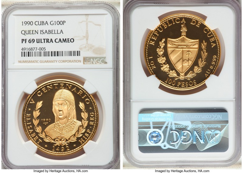 Republic gold Proof "Queen Isabella" 100 Pesos 1990 PR69 Ultra Cameo NGC, Havana...