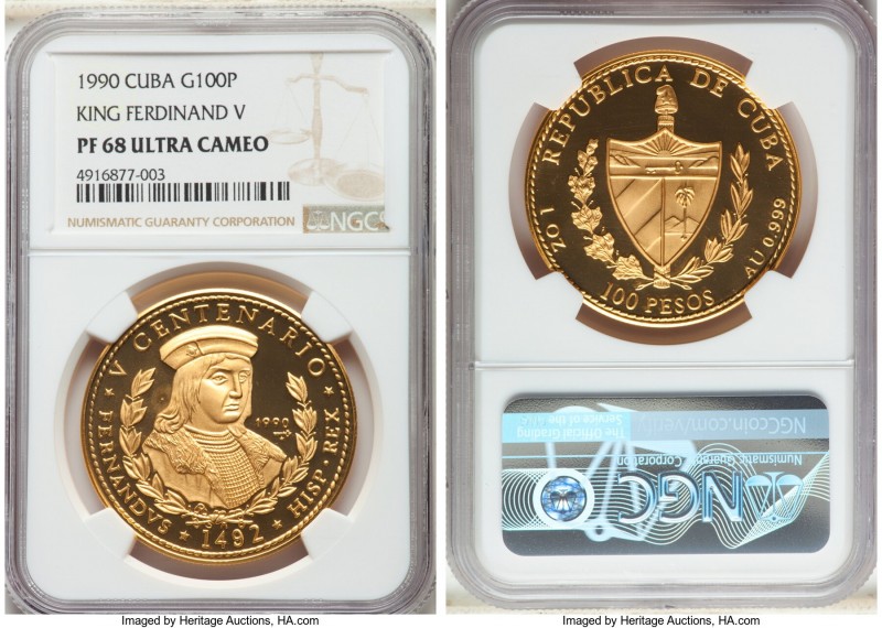 Republic gold Proof "King Ferdinand V" 100 Pesos 1990 PR68 Ultra Cameo NGC, Hava...