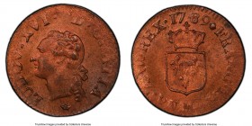 Louis XVI Liard 1789-M MS64 Red and Brown PCGS, Toulouse mint, KM585.10, Gad-348. Weakly struck legends from worn dies, cobalt splattered toning over ...