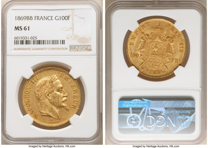 Napoleon III gold 100 Francs 1869-BB MS61 NGC, Strasbourg mint, KM802.2, Fr-551,...