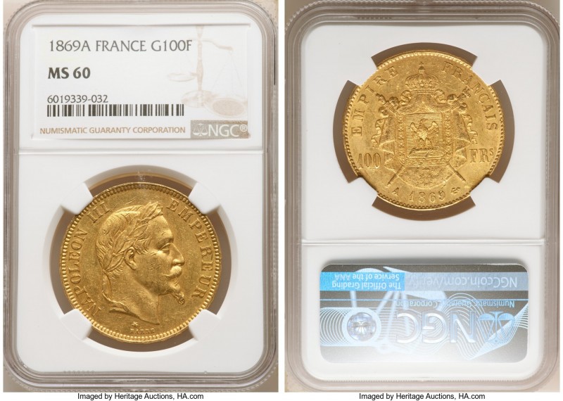 Napoleon III gold 100 Francs 1869-A MS60 NGC, Paris mint, KM802.1. AGW 0.9334 oz...