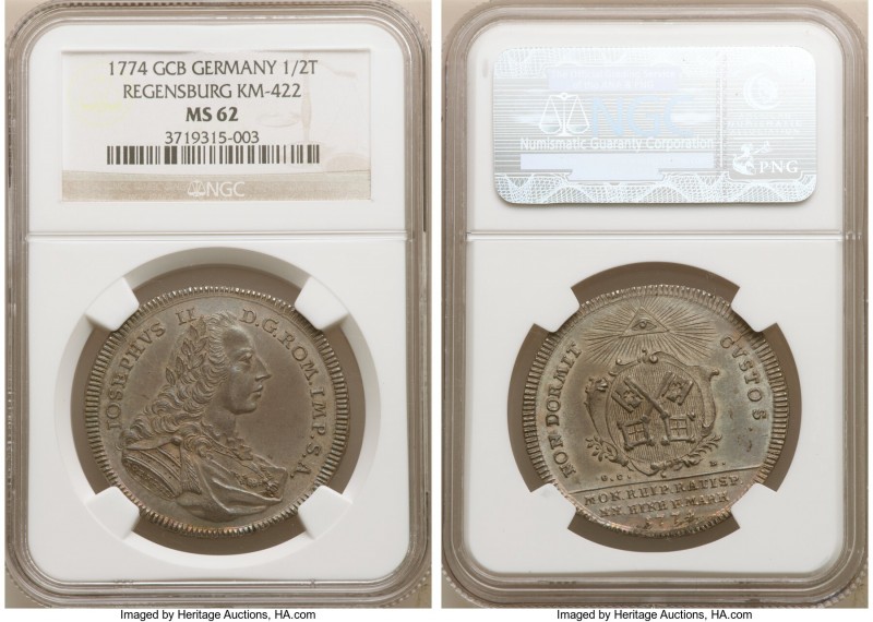 Regensburg. 1/2 Taler 1774-GCB MS62 NGC, KM422. With portrait, name and titles o...