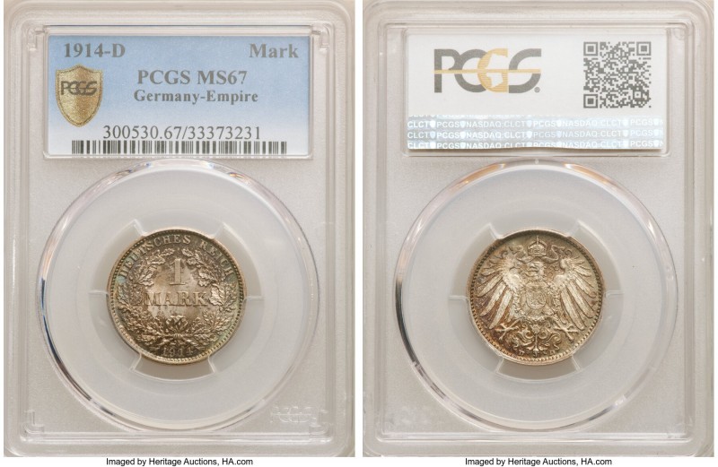 Wilhelm II Mark 1914-D MS67 PCGS, Munich mint, KM14. Russet and cadet-gray tone ...