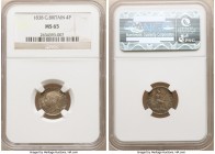 Victoria 4 Pence 1838 MS65 NGC, KM732, S3913. This offering displays an allover gunmetal patination with subdued but full luster.

HID09801242017
...
