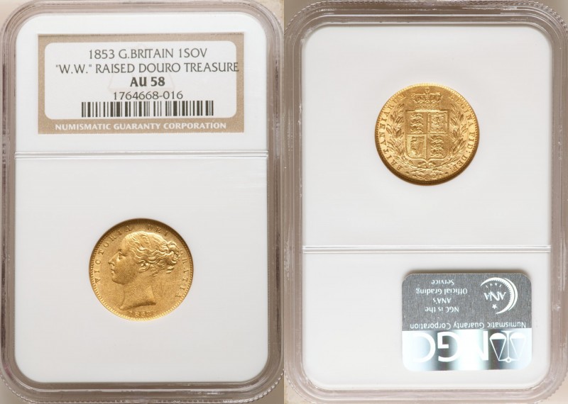 Victoria gold Shipwreck "Shield" Sovereign 1853 AU58 NGC, KM736.1, S-3852. W.W. ...