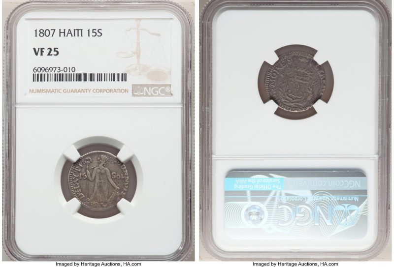 North Haiti. Henri Christophe 15 Sols 1807 VF25 NGC, KM6. Toned a lavender-gray ...